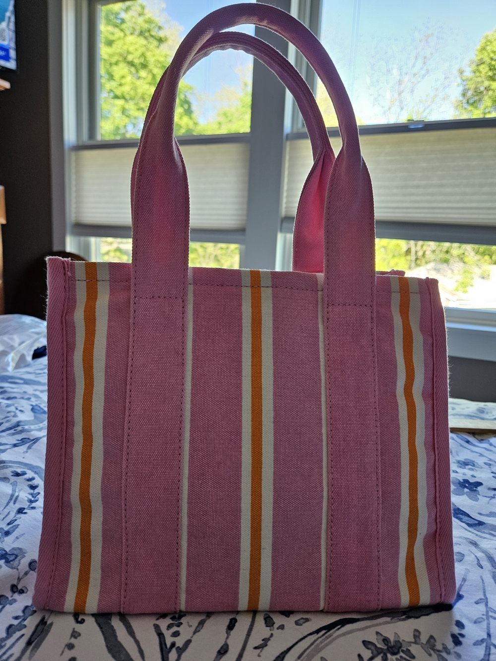 J. Crew Pink Striped Canvas Tote with Orange and Cream Accents